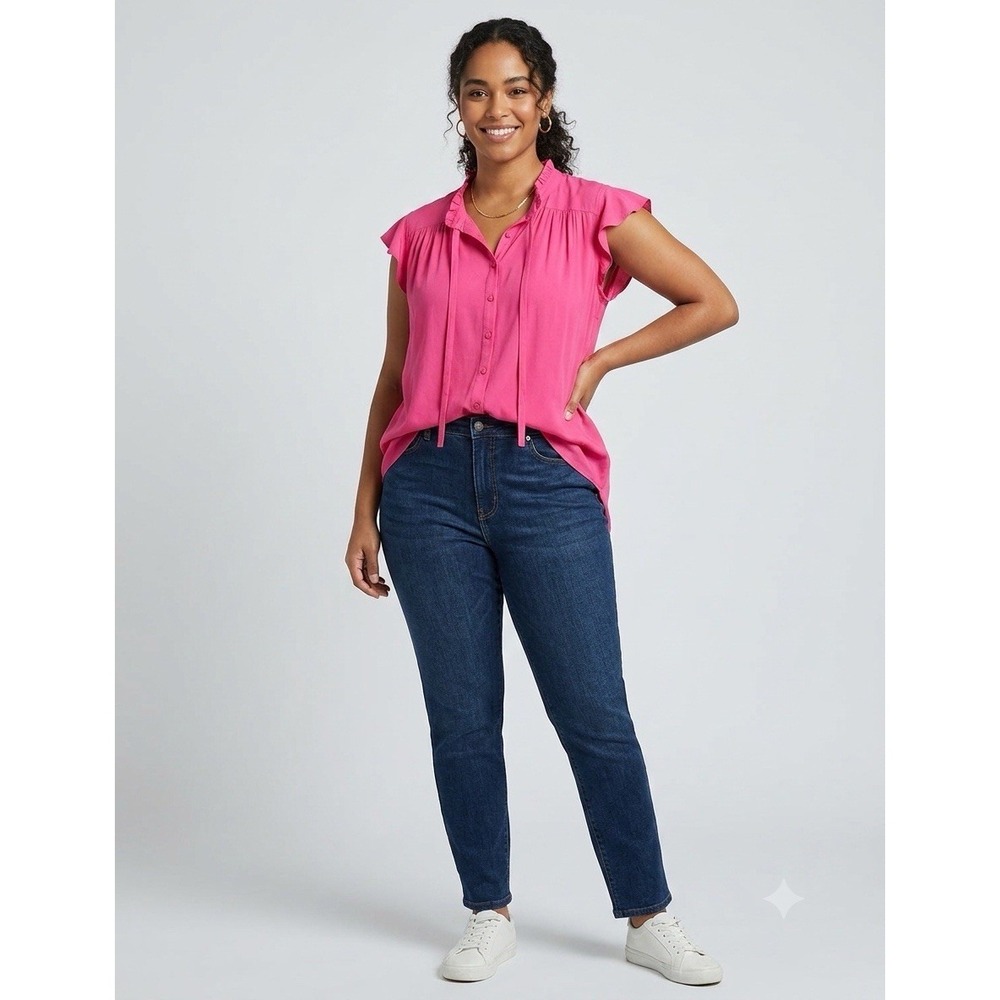 Love Stitch Pink Ruffle Sleeve Button Front Blouse Neck Tie Top Sz L Workwear